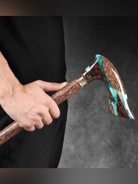 Handcrafted Brown Wood Walking Cane with Turquoise Inlay - Men Accessories